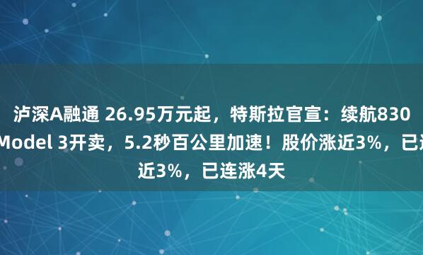 泸深A融通 26.95万元起，特斯拉官宣：续航830公里的Model 3开卖，5.2秒百公里加速！股价涨近3%，已连涨4天